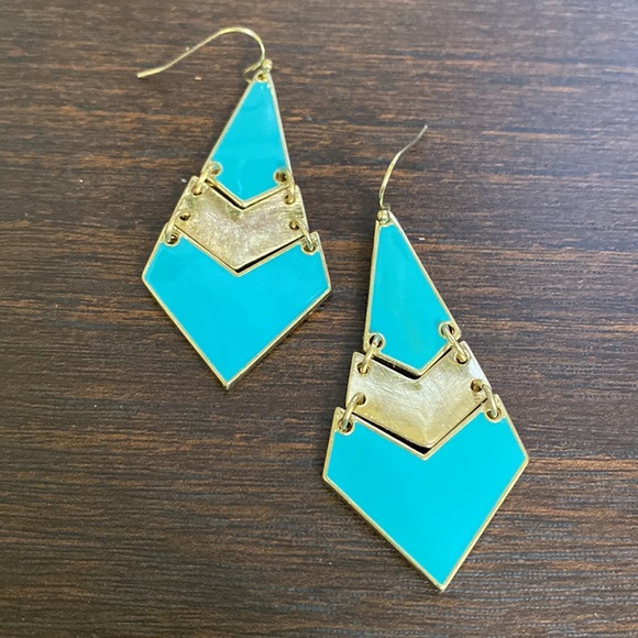Turquoise and Gold Chevron Dangle Earrings - Picture 3 of 4